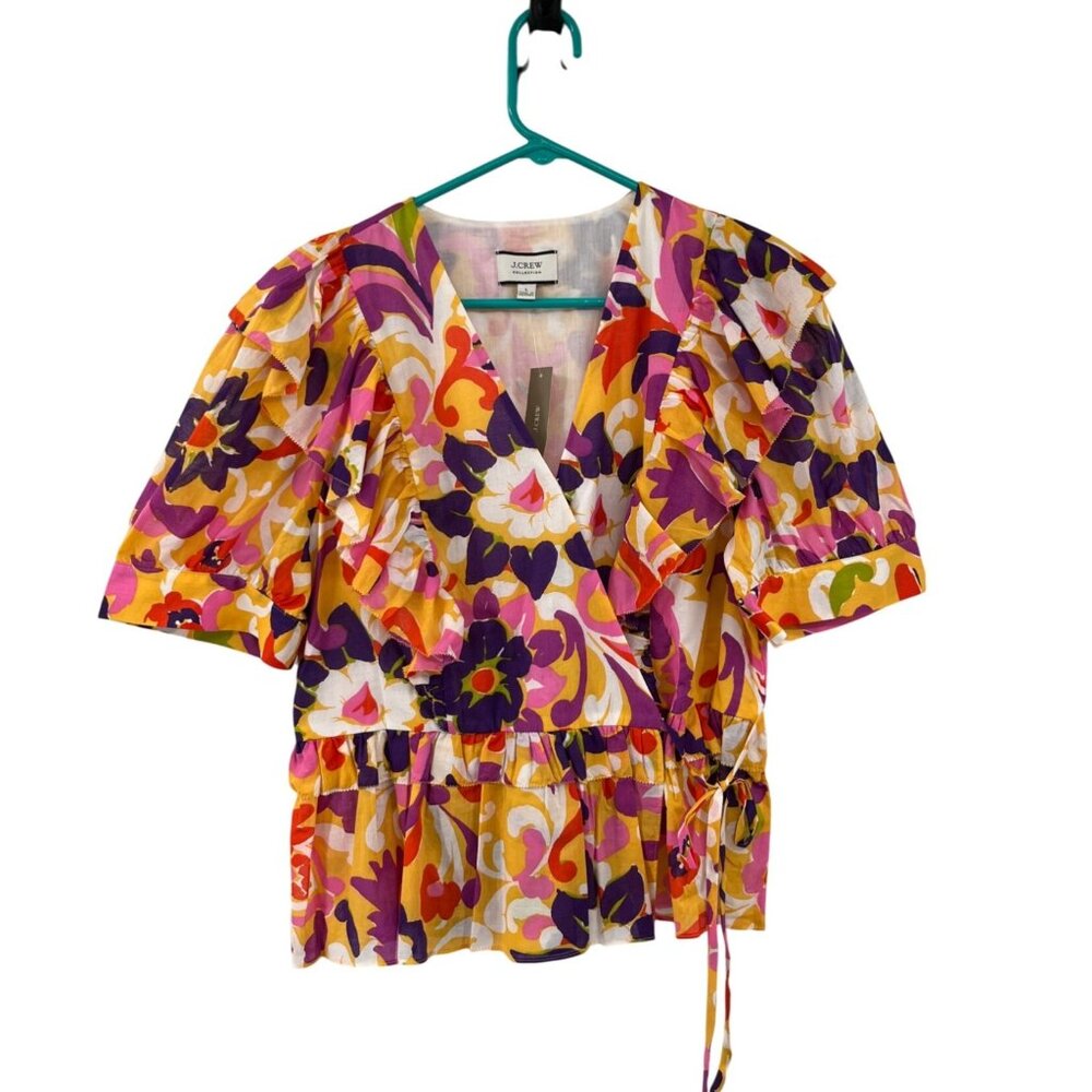 J.Crew Collection Ratti Floral Wrap Blouse Womens L AW532 NWT Cotton Ruffle Top